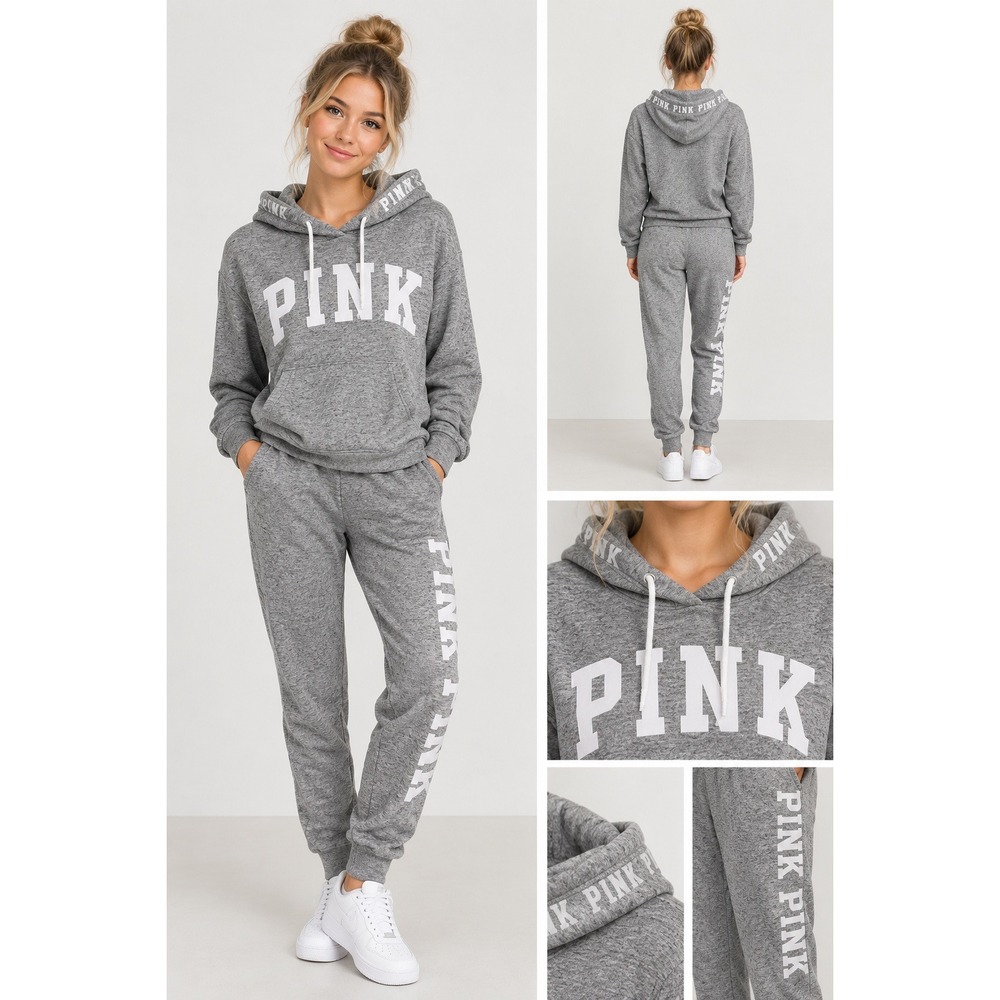 Victorias Secret PINK Gray Hoodie and Jogger Tracksuit Set Women Small